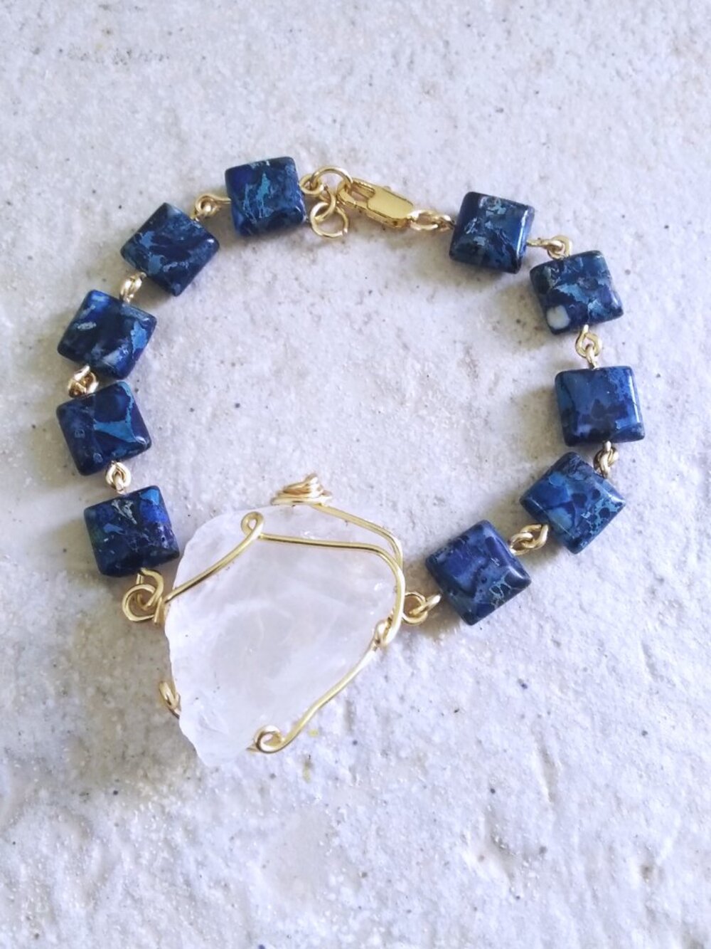 HandCrafted! Upscale! Luxe! Huge Crystal + Blue Sea Sediment Jasper Bracelet
